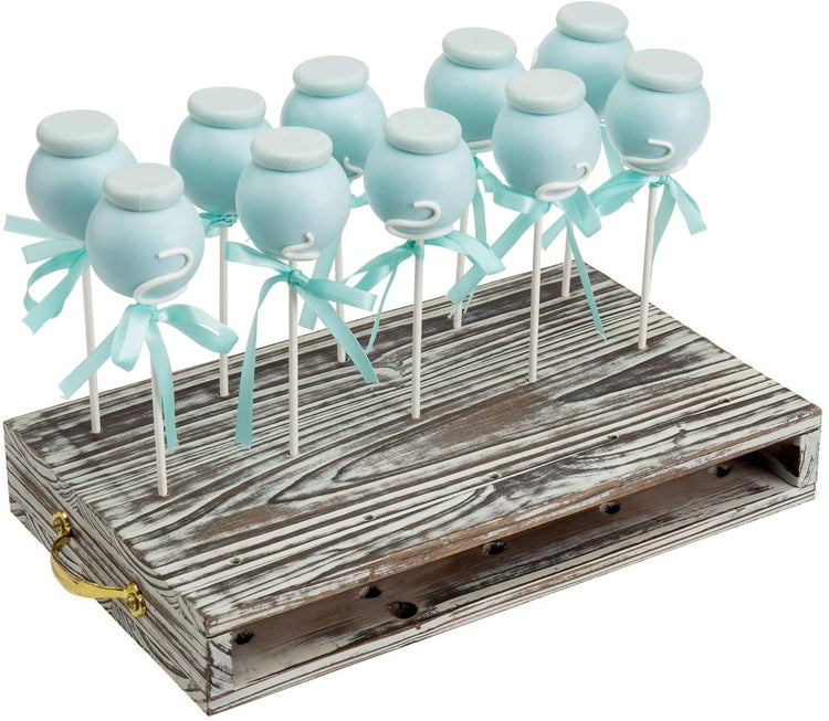 Torched Wood, 15 Hole Cake Pop and Lollipop Serving Tray with Brass Tone Metal Handles-MyGift