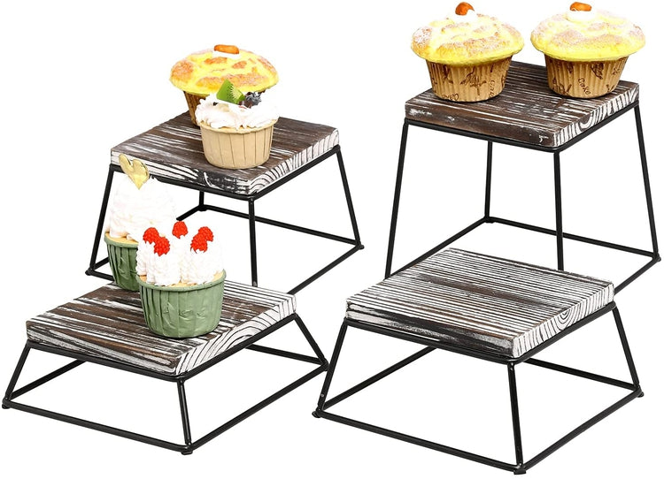 Set of 4, Rustic Torched Wood and Black Metal Wire Square Dessert Stands, Retail Display Risers-MyGift