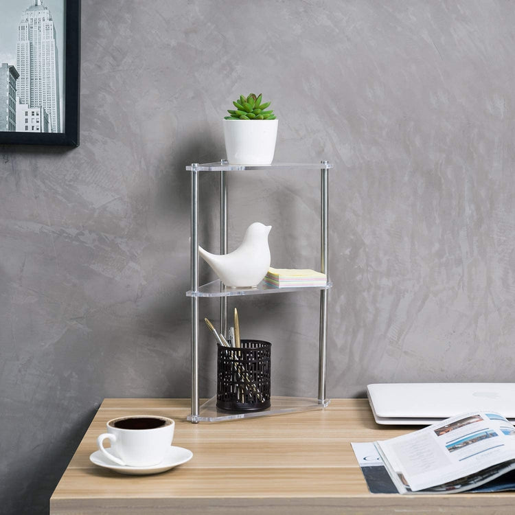 3-Tier Clear Acrylic and Metal Tabletop Corner Retail Display Stand-MyGift