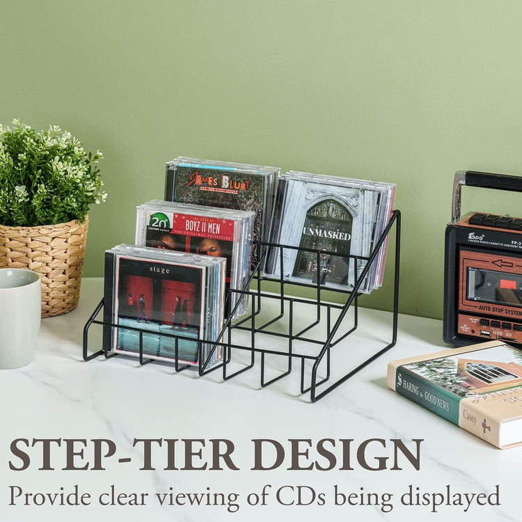 Set of 2, Matte Black Metal Wire CD Storage Stand, Tabletop Compact Disc Jewel Case Holder, Tiered Desk Organizer Rack-MyGift