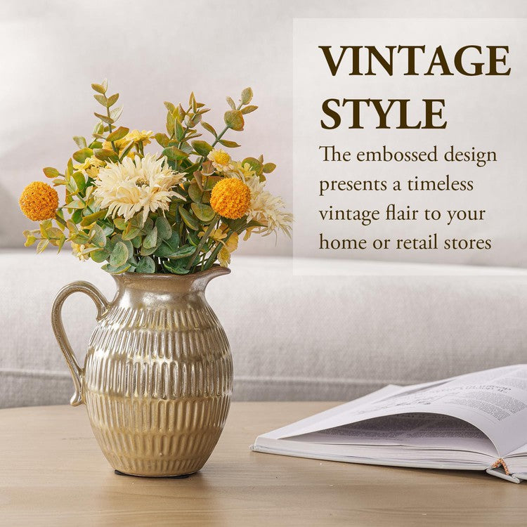 Vintage Small Jug Flower Vase with Brass Glazed Finish, Vertical Ribbed Ceramic Tabletop Pitcher Floral Vase-MyGift