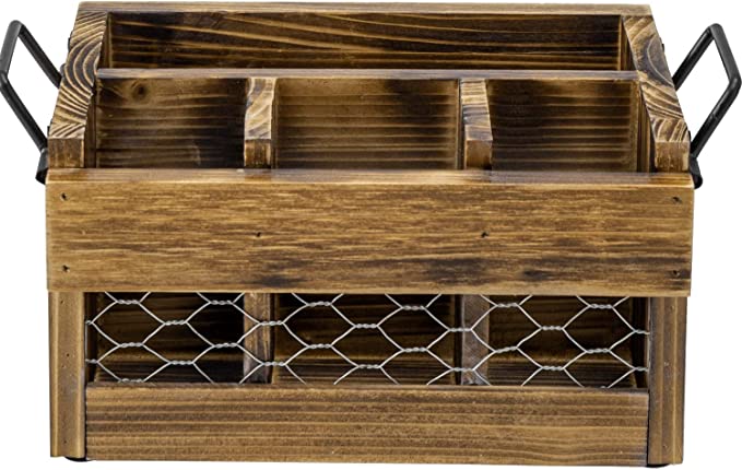 Brown Wood Utensil Holder & Napkin Rack with Black Metal Carry Handles and Chicken Wire Front Panel-MyGift
