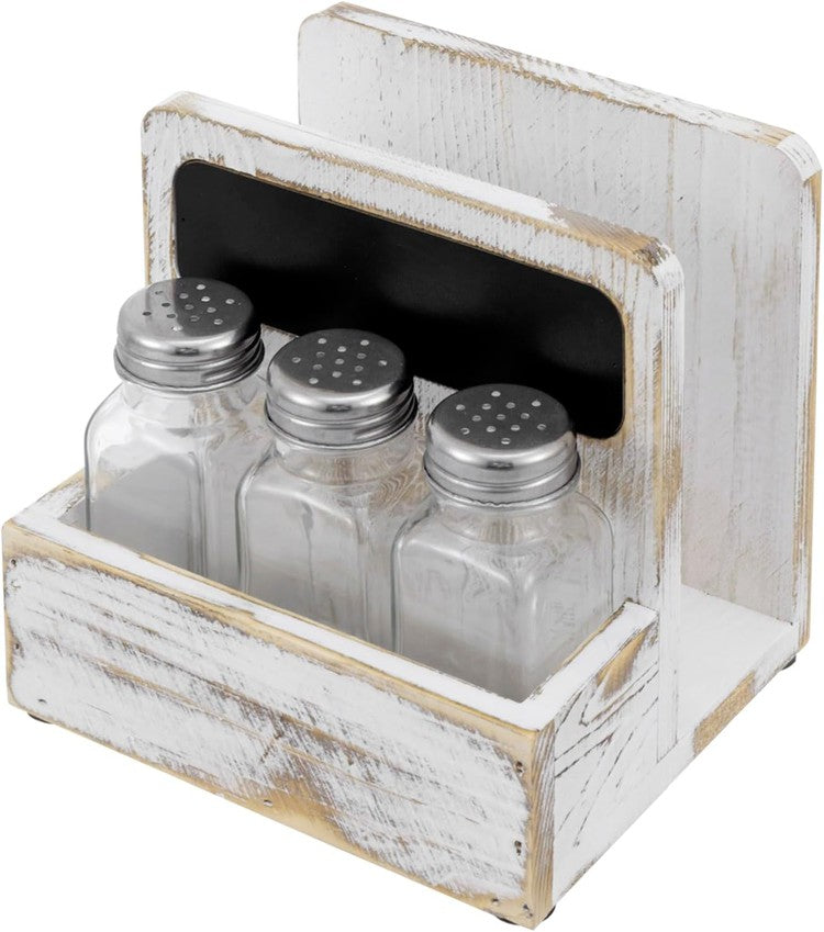 White Washed Solid Wood Napkin Holder and Spice Rack Caddy with Chalkboard Label and 3 Glass Shakers-MyGift