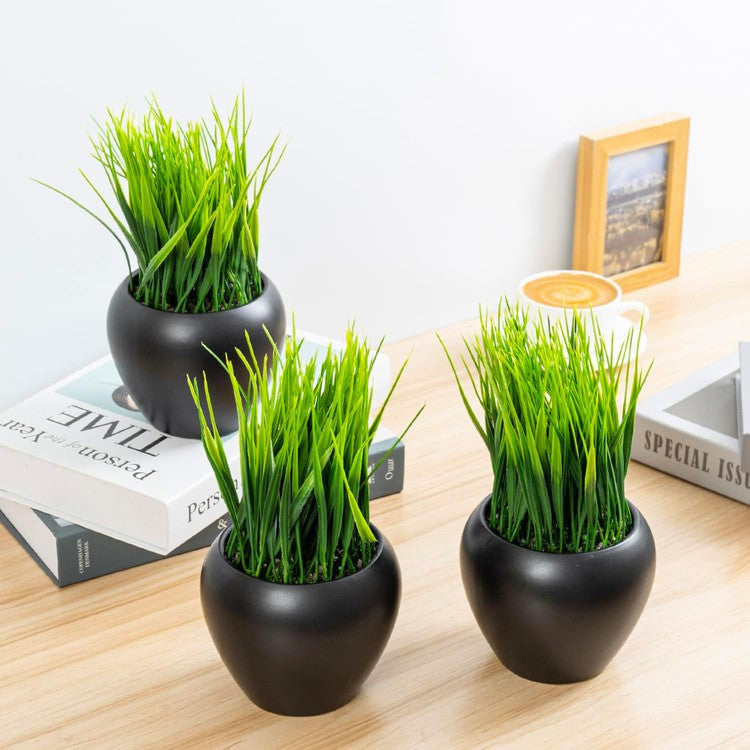 Tabletop Artificial Green Grass Plants in Mix Color Pots, Black Plant Container-MyGift