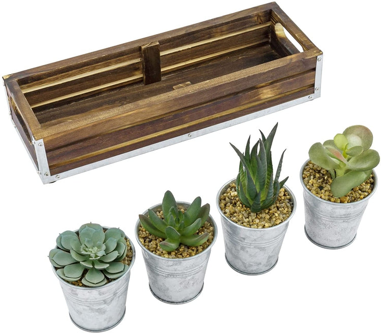 Assorted Mini Artificial Succulent Plants in Galvanized Metal Planter Pots in Burnt Wood Rectangular Display Box-MyGift