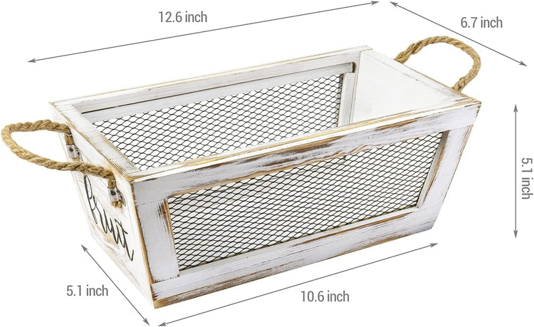 Wooden Fruit Basket, Whitewashed Wood Storage Bin with Wire Mesh Sides, Rope Handles and Cursive FRUIT Label-MyGift