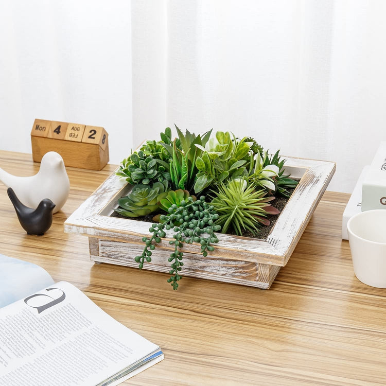 Artificial Plant Arrangement Tabletop Art Decorative Centerpiece with Whitewashed Wood Planter Box-MyGift