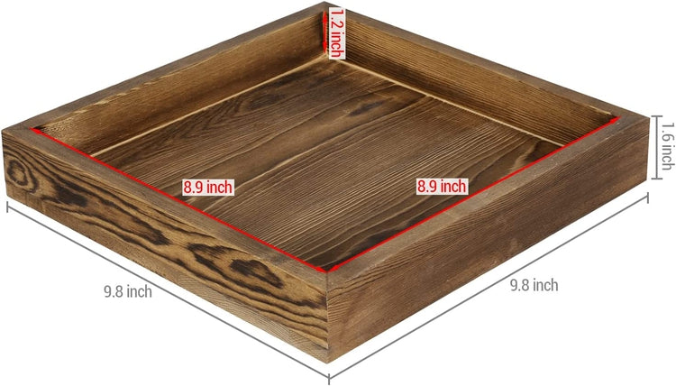 Burnt Wood Square Serving Tray with Handles, 10-Inch Wooden Ottoman, Coffee Table, Centerpiece Tray-MyGift