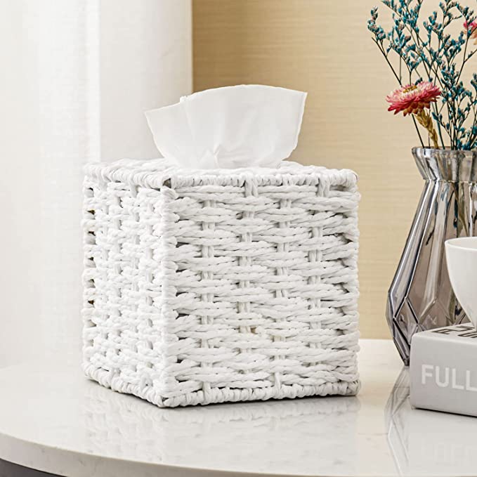 Tissues Holder with Open Bottom Design, Decorative White Square Tissue Box Cover-MyGift