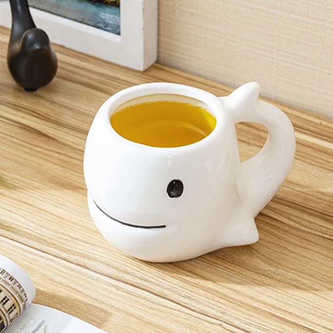 White Ceramic Whale Shaped Coffee Mug with Handle and Smiling Whale Design, Novelty Gift Mugs-MyGift