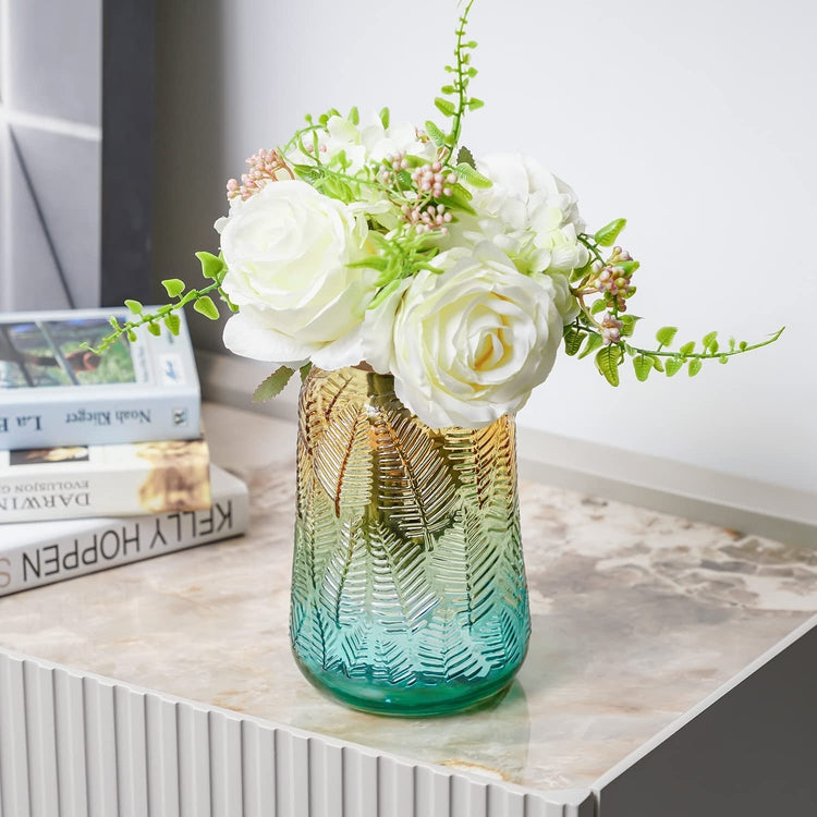 White Faux Roses Artificial Flower Bouquet in Aqua Gradient Glass Vase and Gold Trim with Leaf Embossed Design-MyGift