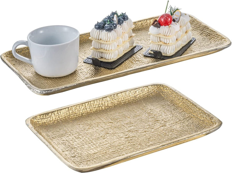 Brass Tone Metal Decorative Serving or Vanity Trays with Handcrafted Embossed Textured Linen Design-MyGift