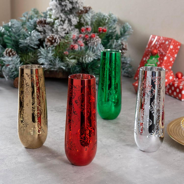 Christmas Color Champagne Flutes with Baroque Pattern, Sparkling Wine Slim Stemless Glass, Set of 4-MyGift