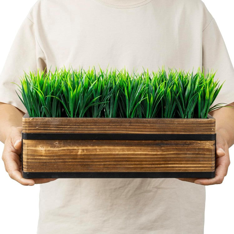Brown Wood and Black Metal Artificial Green Grass Plant, Tabletop Plant Container-MyGift
