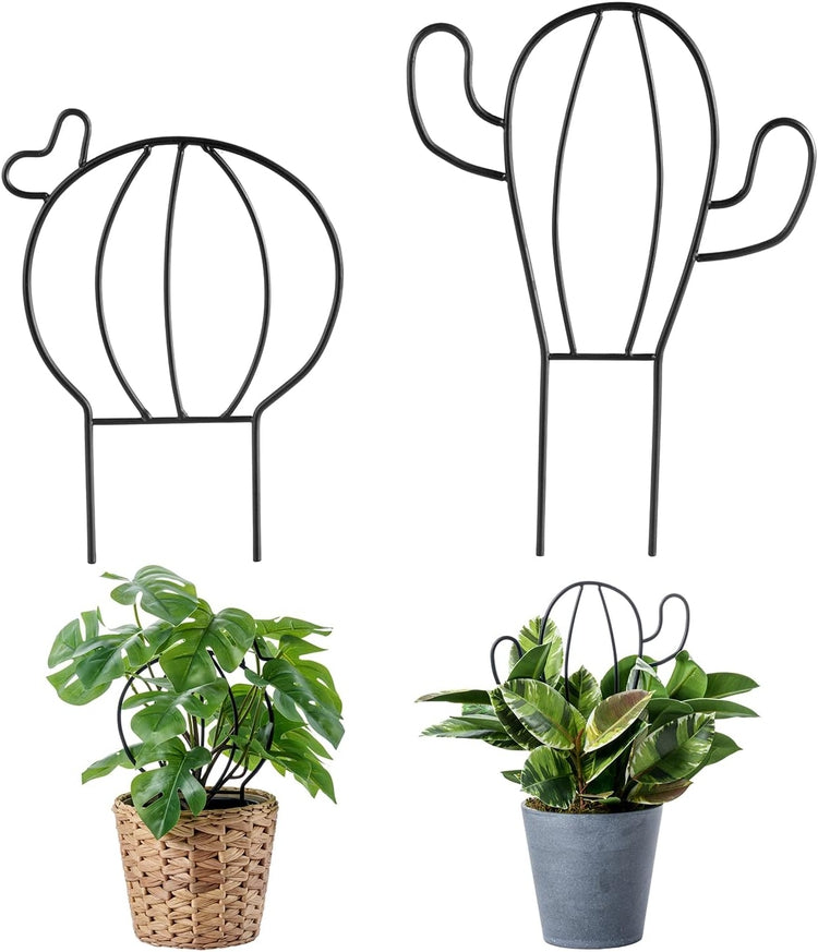 Matte Black Metal Wire Trellis in Cactus Shape Silhouette for Stem Support in Potted Plants and Planter Boxes-MyGift