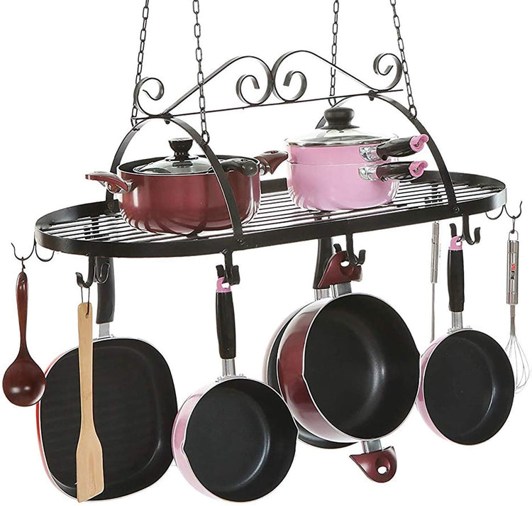 Black Scrollwork Metal Ceiling Mounted Pot and Pan Holder, Hanging Storage Rack with 10 Dual Hooks-MyGift