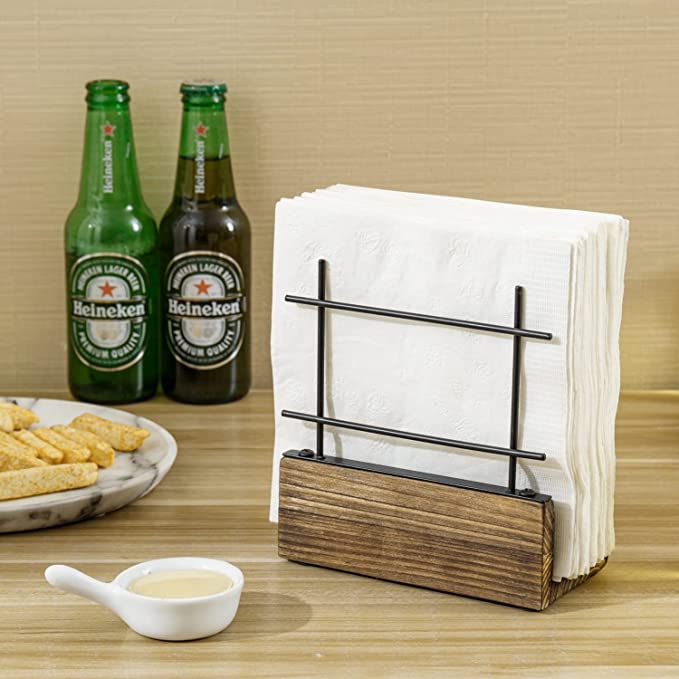 Napkin Holder Freestanding Metal Tabletop Tissue Dispenser with Brown Wood Base and Matte Black Metal Wire Grid-MyGift
