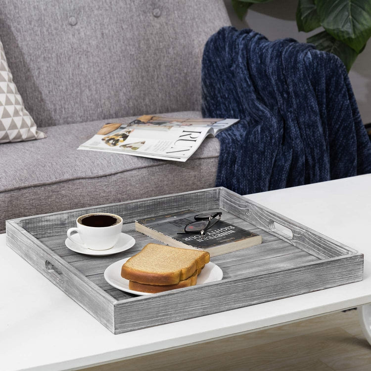 19-inch Large Square Whitewashed Gray Wood Ottoman Tray with Cutout Handles-MyGift