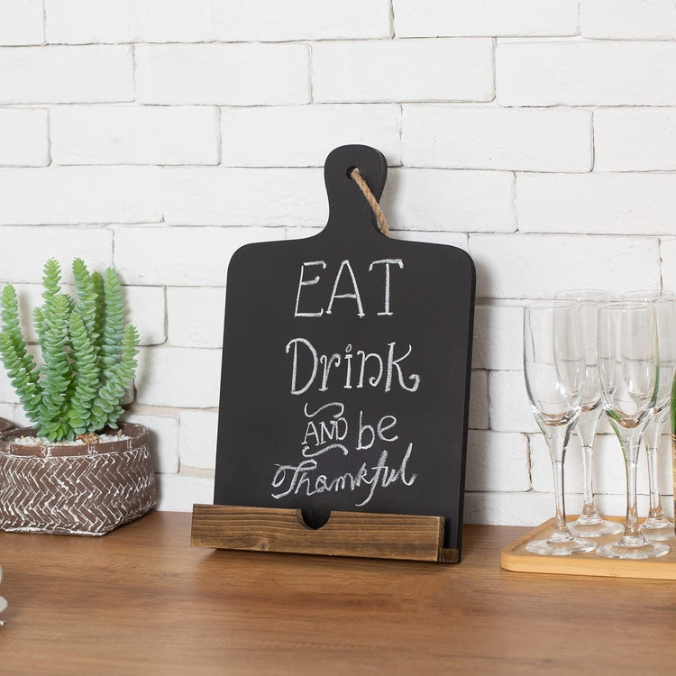 Black Wood Cookbook Holder Stand Chalkboard Cutting Board, Recipe Display and Tablet Easel with Brown Wooden Kickstand-MyGift