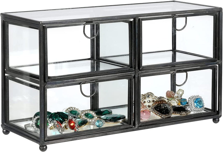 Glass Jewelry Box, 4-Drawer Black Metal and Clear Jewelry Storage Organizer, Keepsake Display Box-MyGift