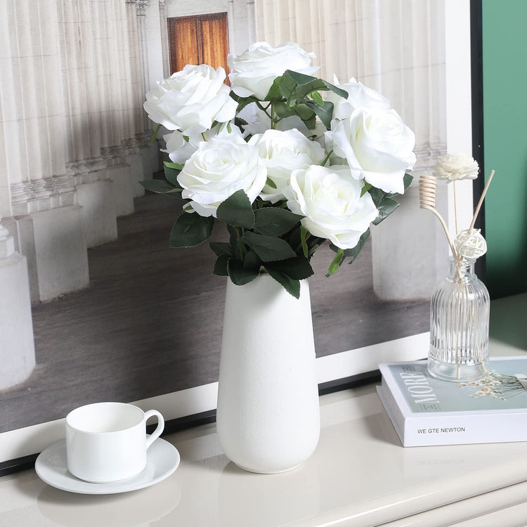 Artificial White Rose Bouquet Arrangement with Vase, Centerpiece Faux Flowers with Matte Ceramic Vase-MyGift