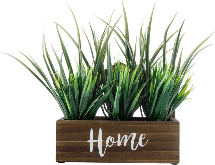 Artificial Grass in Burnt Wood Planter Box with Cursive Home Label, Wall Hanging or Tabletop Faux Greenery-MyGift