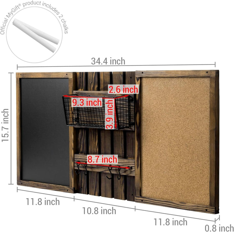 Wall Mounted Black Metal and Brown Wood 3 Panel Bulletin Board Combo Set with Mail Basket, and Hanging Rail-MyGift