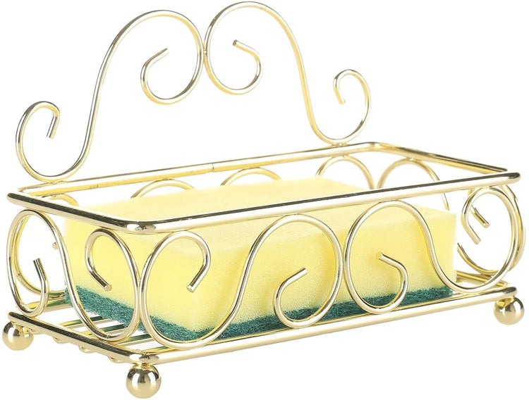 Brass Tone Metal Wire Kitchen Sponge Holder, Sink Storage Rack Draining Tray with Scrollwork Design for Countertop-MyGift