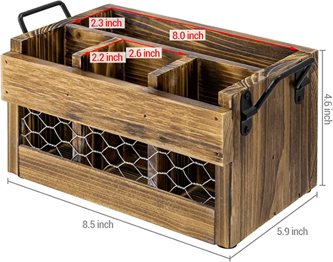 Brown Wood Utensil Holder & Napkin Rack with Black Metal Carry Handles and Chicken Wire Front Panel-MyGift