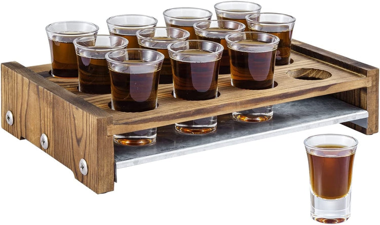 Shot Glass Serving Set, Burnt Wood Tray with Galvanized Metal Base-MyGift