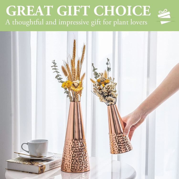 Copper Tone Metal Tapered Flower Vases with Hammered Pattern, Handcrafted Decorative Vase for Floral Arrangements-MyGift