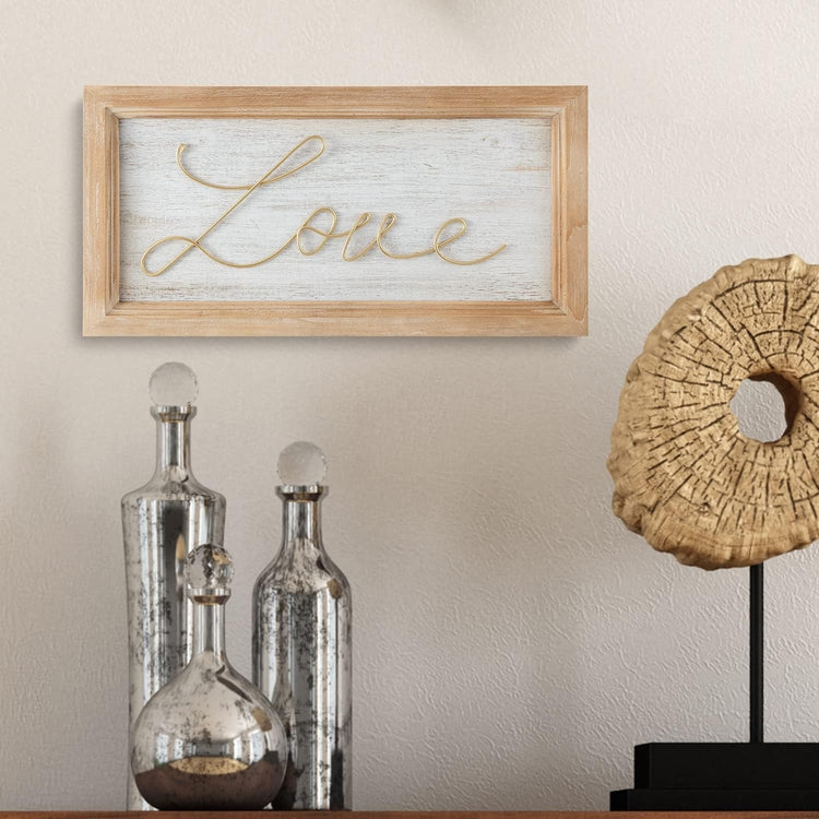 Wall Mounted Framed Love Vintage Wood/Brass Tone Metal Decorative Plaque-MyGift