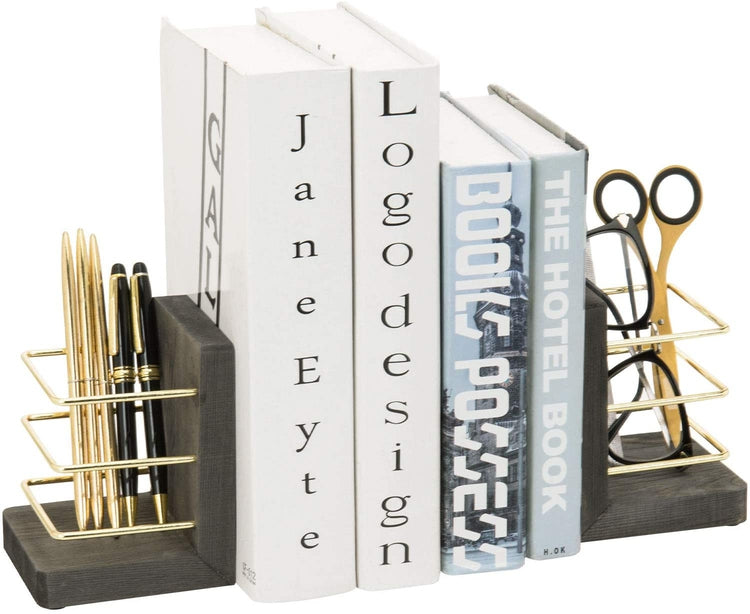 2 Piece Set, Vintage Gray Wood Decorative Bookends w/ Brass Metal Wire Pen Holder-MyGift