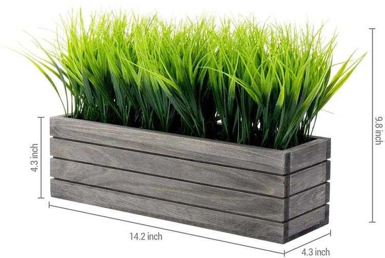 Artificial Faux Grass Plant in Vintage Gray Wood Rectangular Crate Style Planter Window Box-MyGift