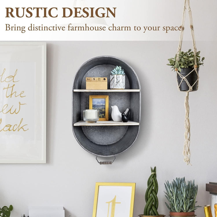 Silver Hanging Rack Wall Mounted 2 Tier Silver Metal and White Washed Wood Hanging Storage ...