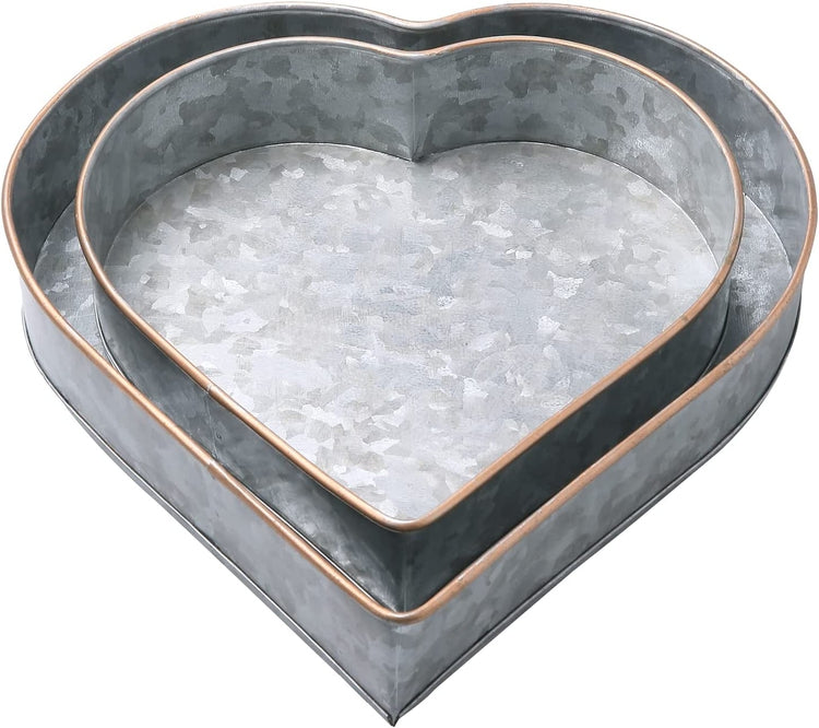 Set of 2, Galvanized Silver Metal Heart Decorative Trays with Copper Tone Trim-MyGift