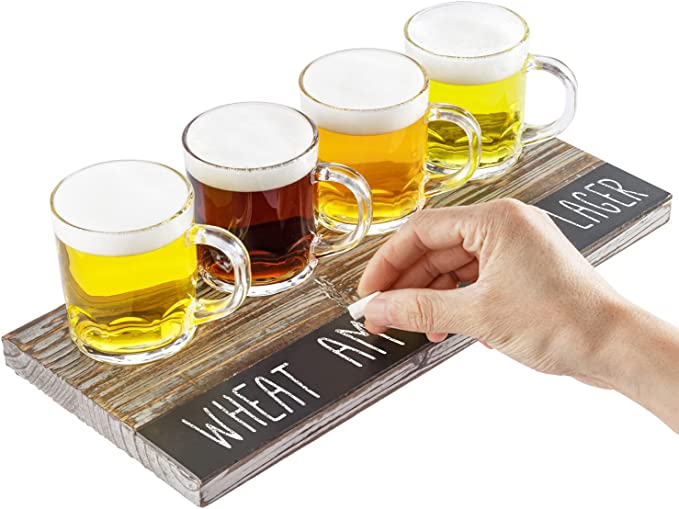 Torched Wood Beer Flight Board with 4 Beer Mugs and Erasable Chalkboard Label-MyGift