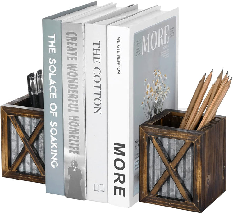 Burnt Wood Decorative Bookends, Wood and Galvanized Metal Desktop Book Stands with Pen Holder Storage Bins, 1 Pair-MyGift