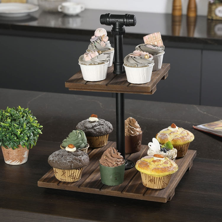 Burnt Wood and Black Metal Industrial Pipe 2-Tier Cupcake Holder Displ ...