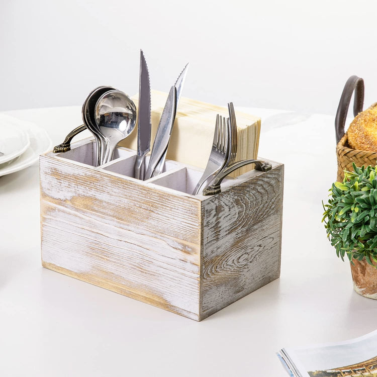 White Wood Dining Utensil Caddy and Napkin Holder, 4 Compartment Flatware Serving Storage Organizer with Metal Handles-MyGift
