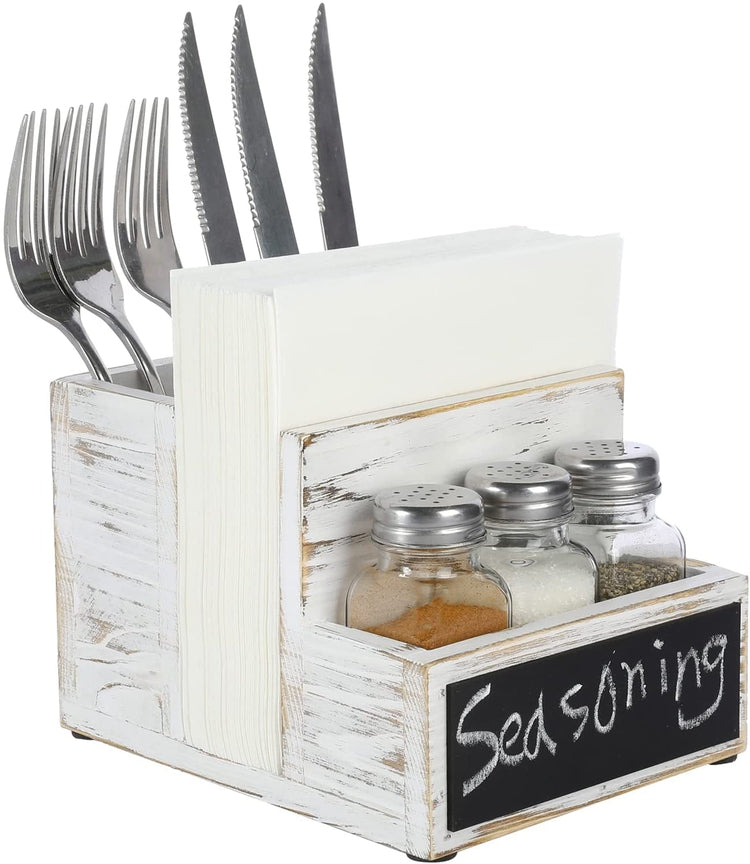 All-in-one Whitewashed Wood Condiment Serving Caddy with Napkin Holder, Utensil Organizer, 3 Salt & Pepper Shakers and Chalkboard Surface-MyGift