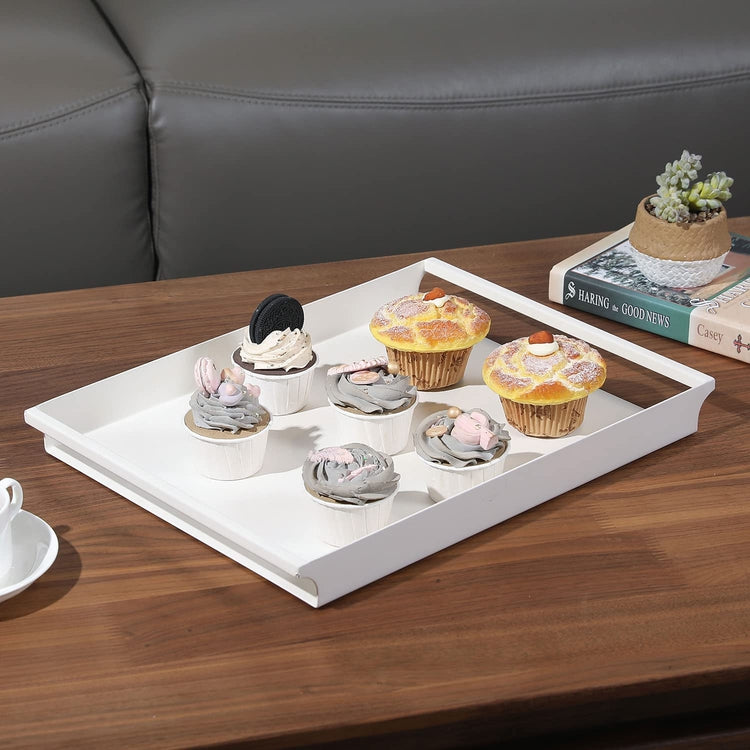 Decorative Serving Tray, Matte White Metal Rectangle Ottoman Coffee Table Tray with Rounded Cutout Side Handles-MyGift