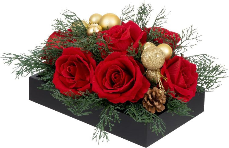 Tabletop Centerpiece Christmas Decoration, Artificial Red Rose Flowers, Cedar Picks, and Gold Tone Ornaments-MyGift