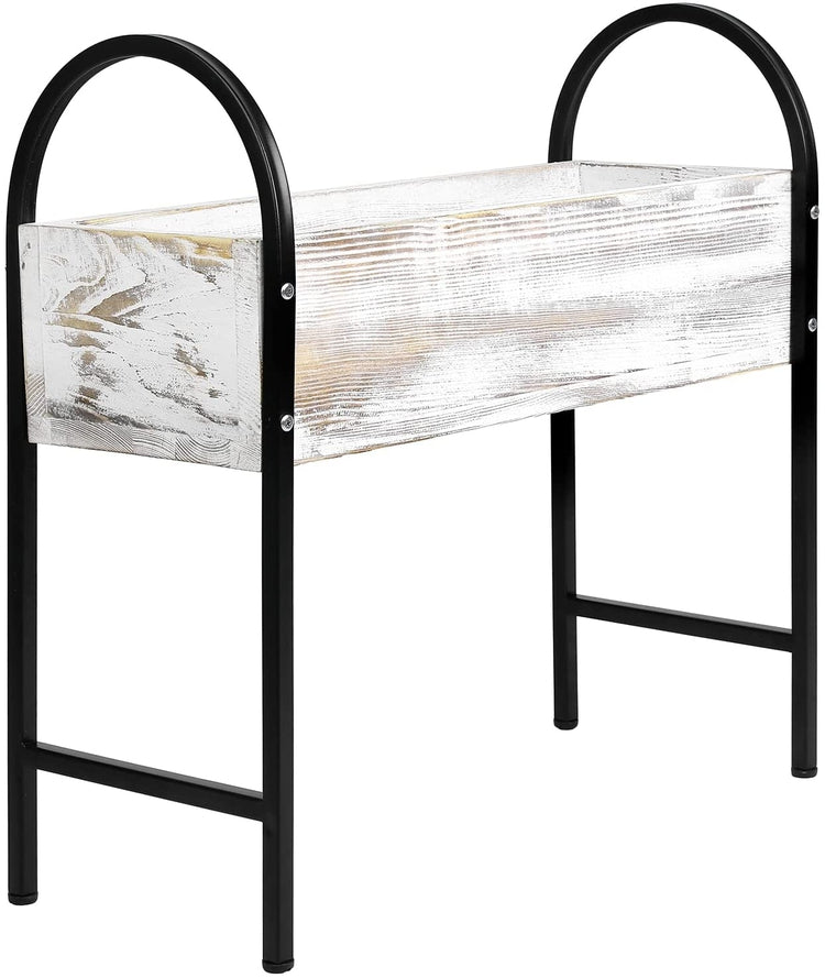 Whitewashed Wood and Black Metal Framed Rectangular Freestanding Indoor, Outdoor Raised Garden Planter Box Plant Stand-MyGift