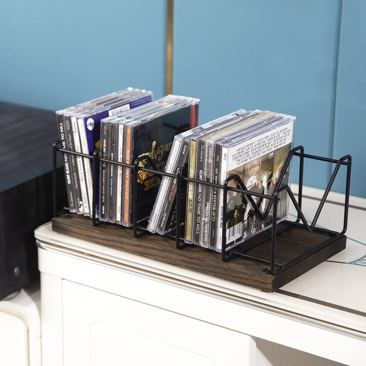 Industrial Burnt Wood and Matte Black Metal CD Storage Rack, Holds 25 ...