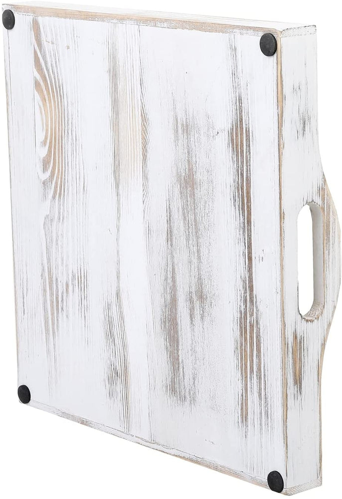 Set of 2, Whitewashed Wood Large Serving Tray with Handles, 11 X 11 Square Slatted Breakfast Ottoman Coffee Table Tray-MyGift