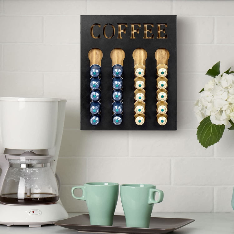 Wall Mounted Coffee Capsule Holder, Burnt Wood Black Metal Coffee Bar Organizer Storage with Cutout COFFEE Lettering-MyGift