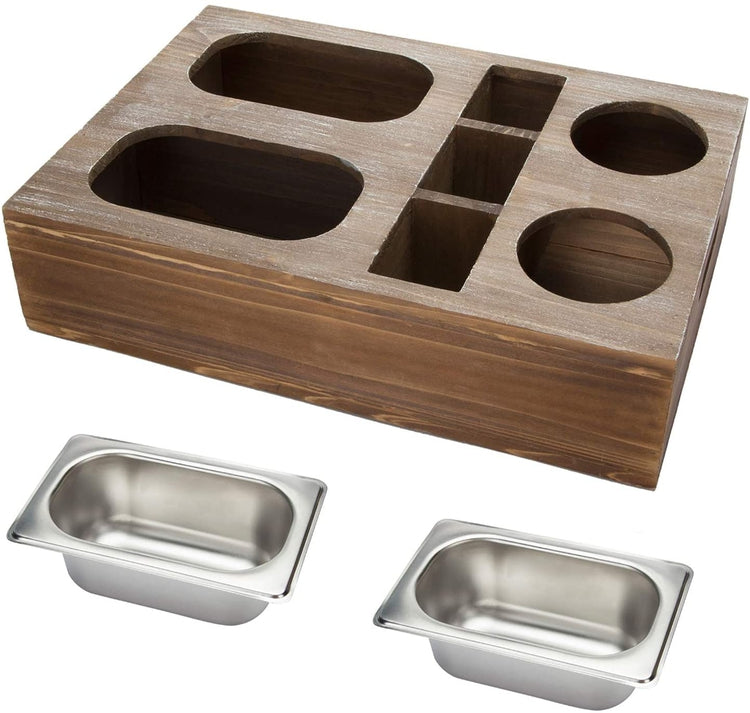Whitewashed Wood Snacks Caddy Serving Crate Tray with 2 Cup Holders and 3 Remote Control Slots-MyGift
