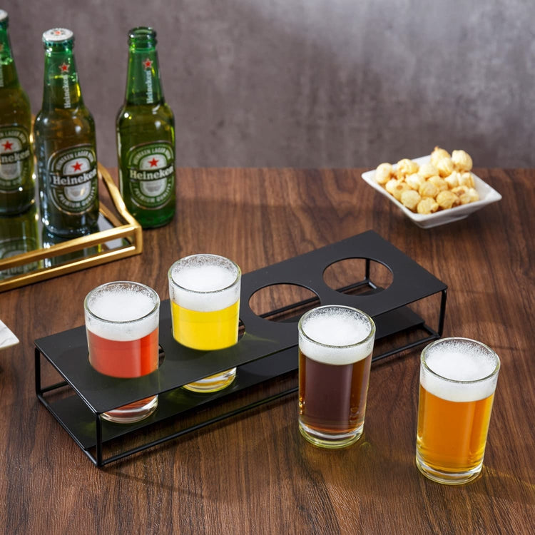 Black Metal Beer Flight Tasting Glasses Set Includes 5 oz Craft Beer Glasses and Serving Tray-MyGift