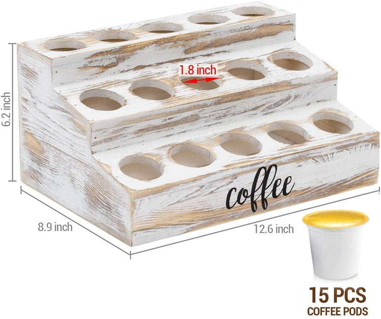 Coffee Station Organizer, Whitewashed Wood Step Style Coffee Pods Holder Storage Rack with Black Cursive COFFEE Label-MyGift